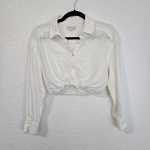 Gianni Bini White Linen Blend Button Front Cropped Twist Shirt Top Size S